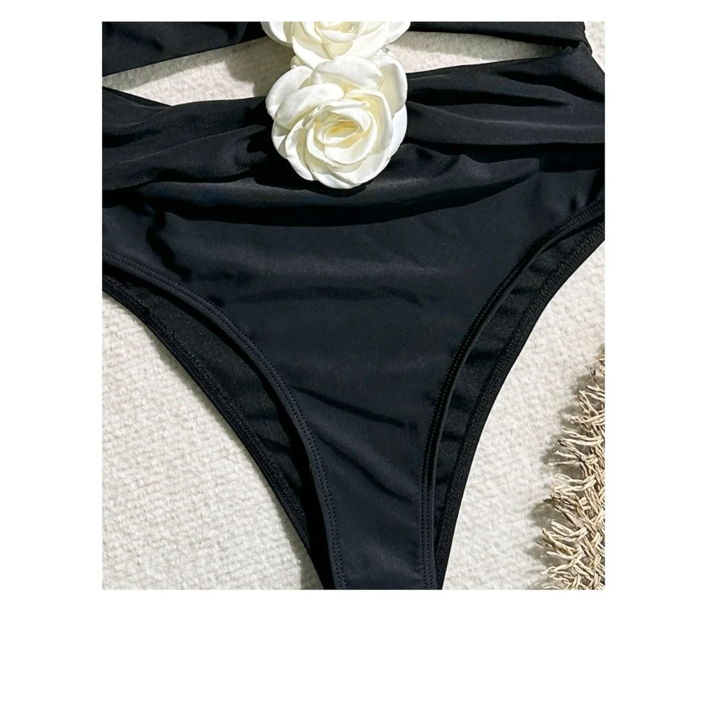 BYINDED - Xl Black Halter One-Piece Swimsuit with Floral Accents - Picture 5 of 11